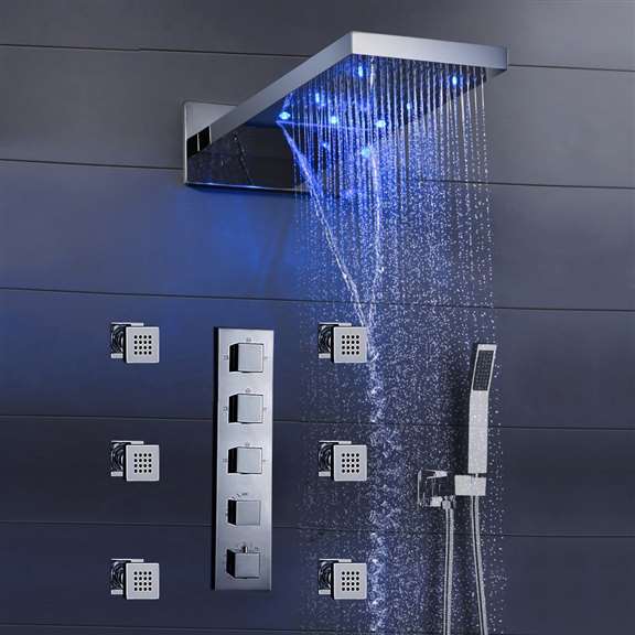 Fontana Showers Fontana Mugla 22" LED Thermostatic Waterfall Rain Shower Head with Massage Body Sprays and Hand Shower FS-5925