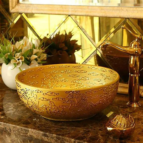 Fontana Showers Renalto Gold Porcelain Handpainted Round Wash Sink Countertop Bathroom Sink FS-916G