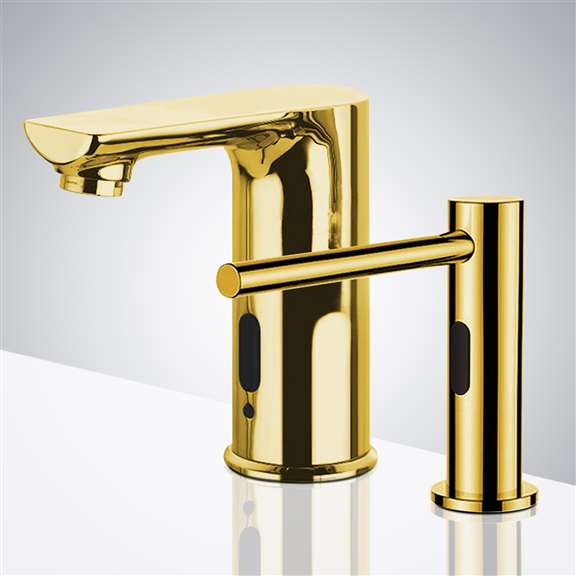 Fontana Showers Fontana Gold Finish Commercial Automatic Sensor Faucet with Matching Commercial Liquid Soap Dispenser FS10228
