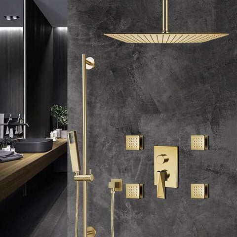 Fontana Showers Bravat Brushed Gold Square Shower Set With Valve Mixer 3-Way Concealed Ceiling Mounted FS1053