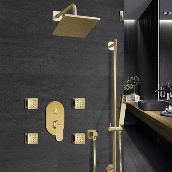 Fontana Showers Bravat Brushed Gold Square Shower Set With Valve Mixer 3-Way Concealed Wall Mounted FS1071
