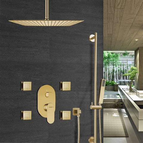 Fontana Showers Bravat Brushed Gold Square Shower Set With Valve Mixer 3-Way Concealed Ceiling Mounted FS1073