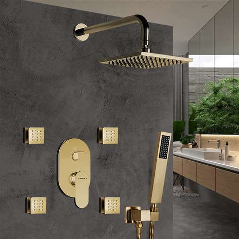 Fontana Showers Bravat Brushed Gold Wall Mounted Square Shower Set With Valve Mixer 3-Way Concealed FS1075
