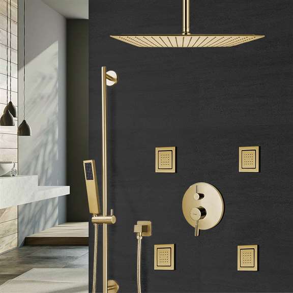Fontana Showers Bravat Square Brushed Gold Shower Set With Valve Mixer 3-Way Concealed Ceiling Mounted FS1078S
