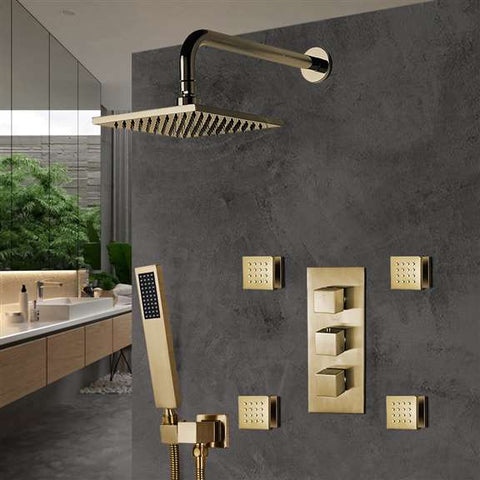 Fontana Showers Fontana Brushed Gold Wall Mounted Square Shower Set With Valve Mixer 3-Way Concealed FS1080