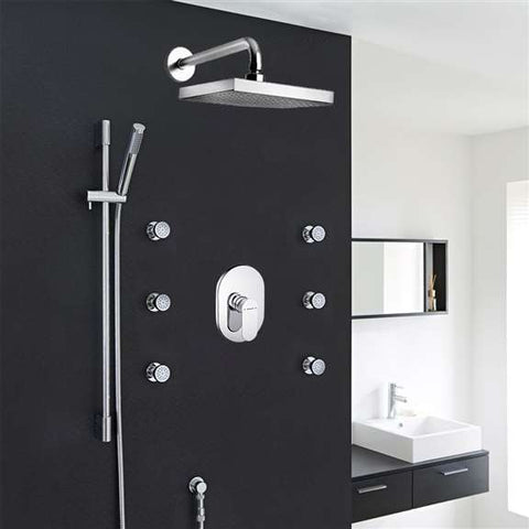 Fontana Showers Bravat Chrome Wall Mounted Square Shower Set With Valve Mixer 3-Way Concealed And Six Body Jets FS1110