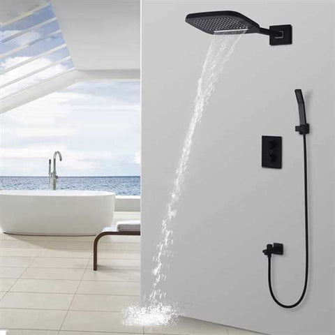 Fontana Showers Fontana Carpi Dual Handle Thermostatic Luxury Matte Black Rain and Waterfall Bathroom Shower System With Hand Held Shower FS15002