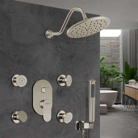 Fontana Showers Brushed Nickel Round Rainfall Shower Set With Thermostat Mixer Jet Spray and Handshower FS1526