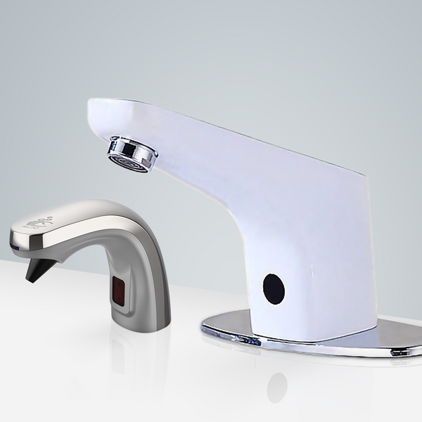 Fontana Showers Fontana Sénart Deck Mount High Quality White Commercial Motion Sensor Faucet & Automatic Soap Dispenser for Restrooms FS18127