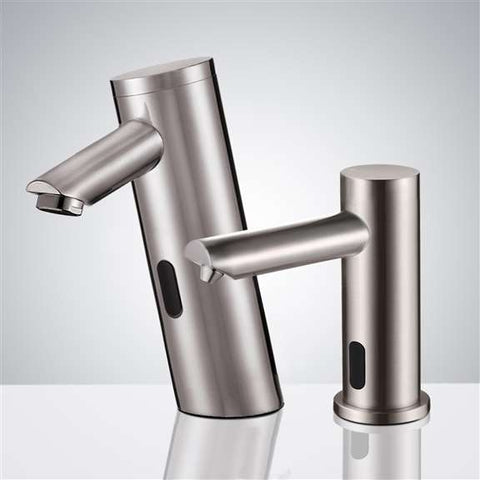 Fontana Shower Fontana Milan Solid Brass Construction Commercial Brushed Nickel Sensor Faucet with Matching Soap Dispenser FS19005