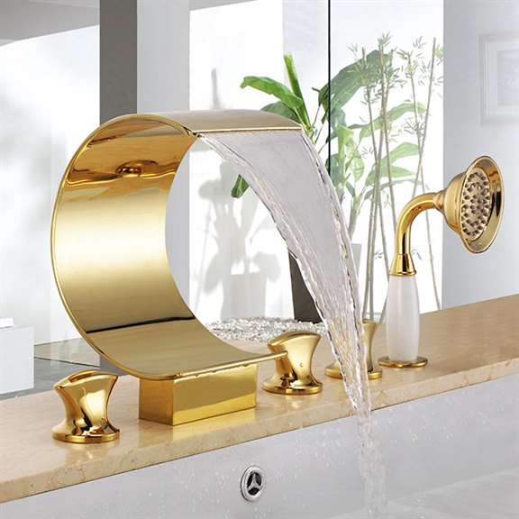 Fontana Showers Siena Luxurious Deck Mounted Gold Waterfall Faucet with Hand Shower FS194L