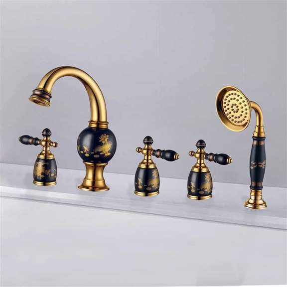 Fontana Showers Fontana Chicago European Hot and Cold Deck Mount Gold Bathtub Faucet with Hand Shower FS9750