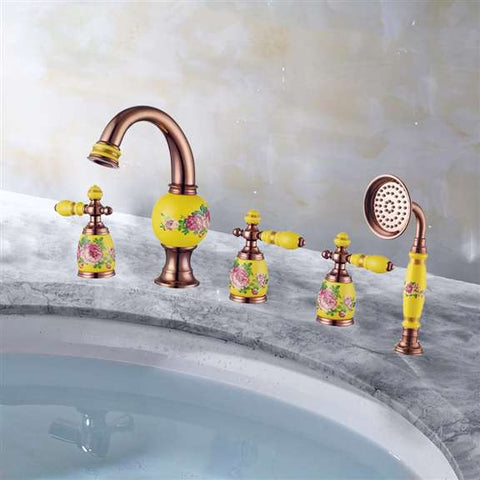 Fontana Showers Fontana Chicago European Hot and Cold Deck Mount Rose Gold Bathtub Faucet with Hand shower FS9751