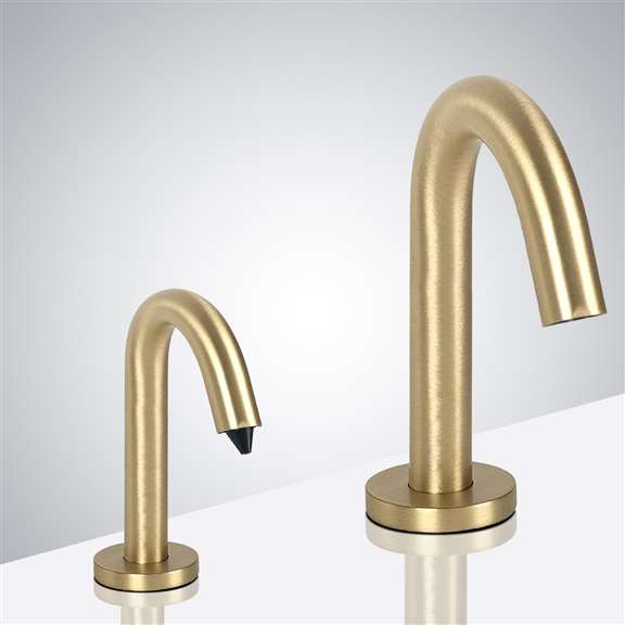 Fontana Showers Fontana Goose Neck Brushed Gold Finish Touchless Dual Commercial Sensor Faucet & Automatic Soap Dispenser FST9882